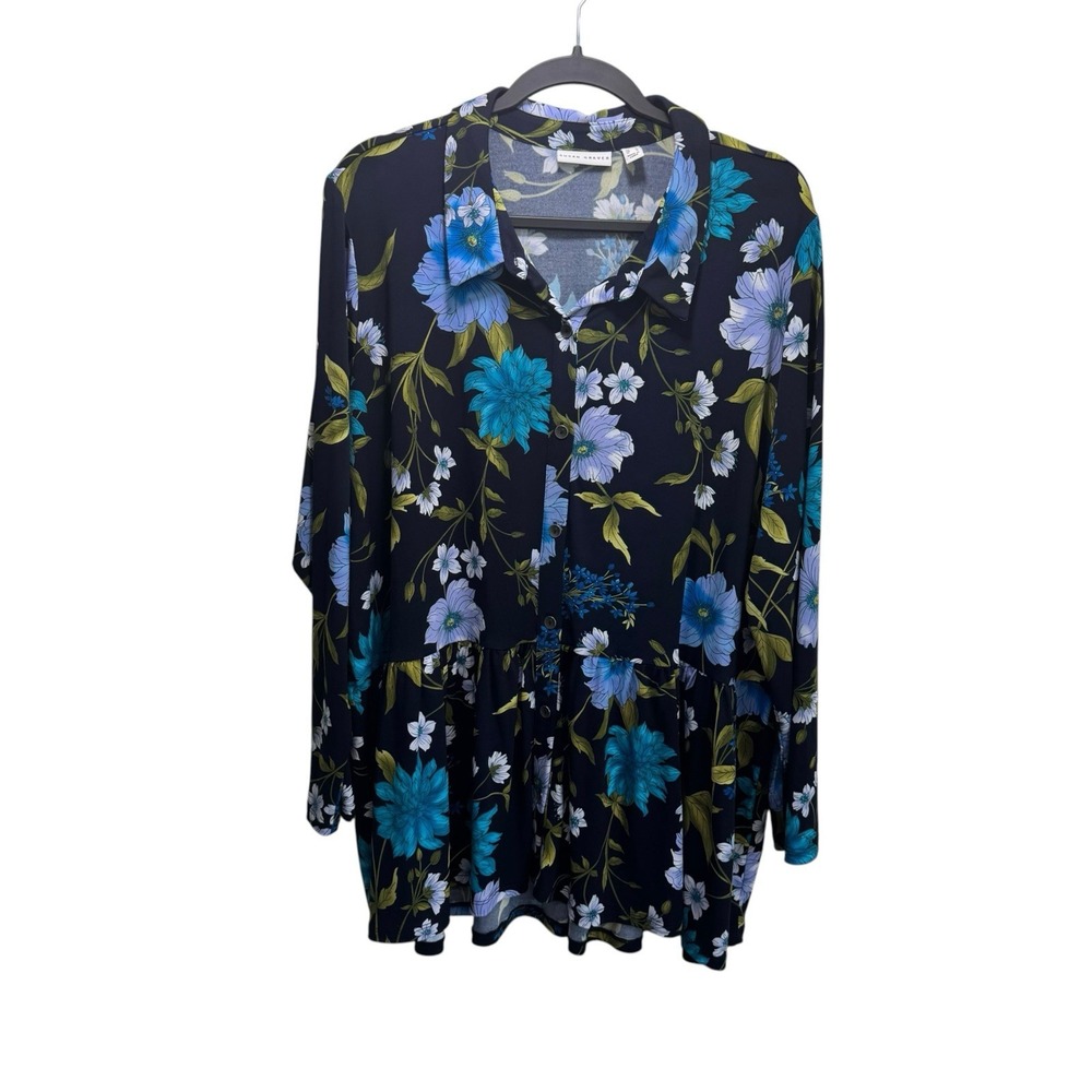 Susan Graver Liquid Knit Cottagecore Lagenlook Artsy Oversized Floral Top M Blue